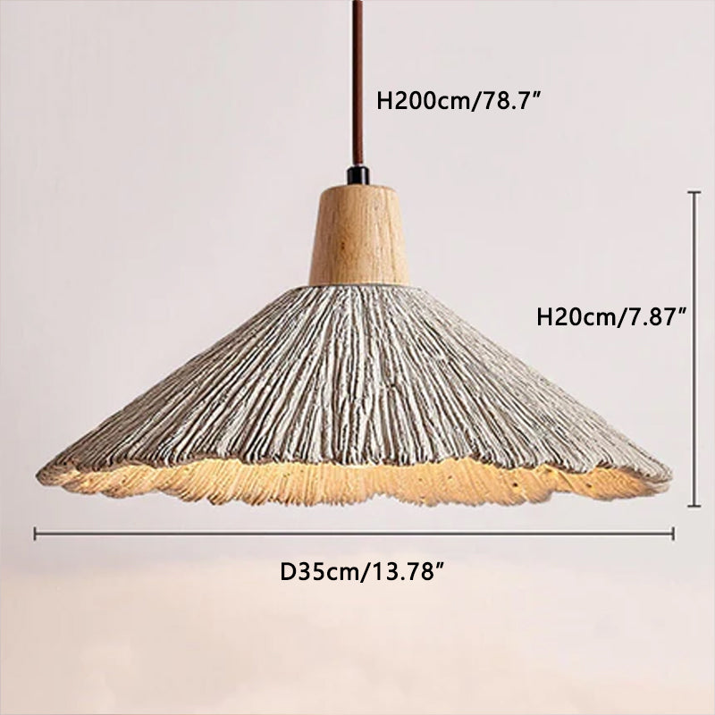 Umbrella-shaped cement penndant lamps are used in restaurant kitchens, etc. Natural wood color Dia 35 cm x H 21 cm ∅ 13.78″ x H 7.87″
