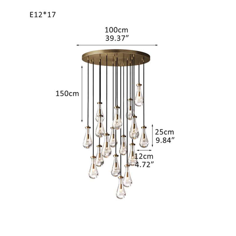 Vintage Brass Rainfall Crystal Round Chandelier 13 lights Cluster Pendant Lighting Brass 17 Heads