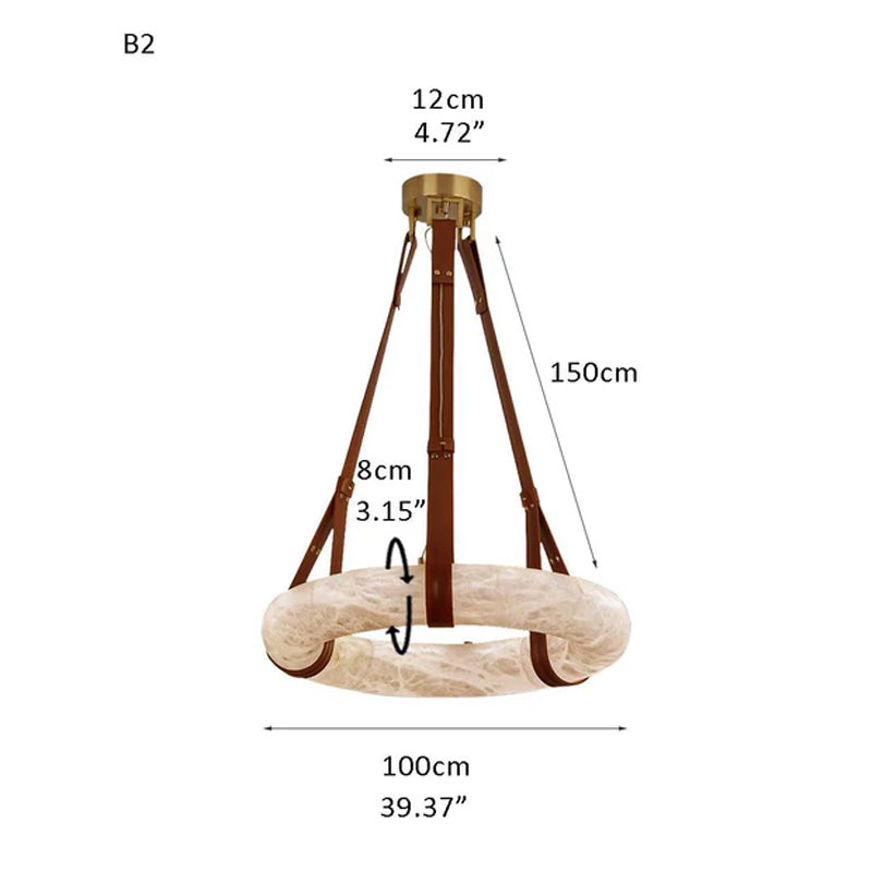 Round LED White Marble Pendant lamp with adjustable leather, Dia 12/16"