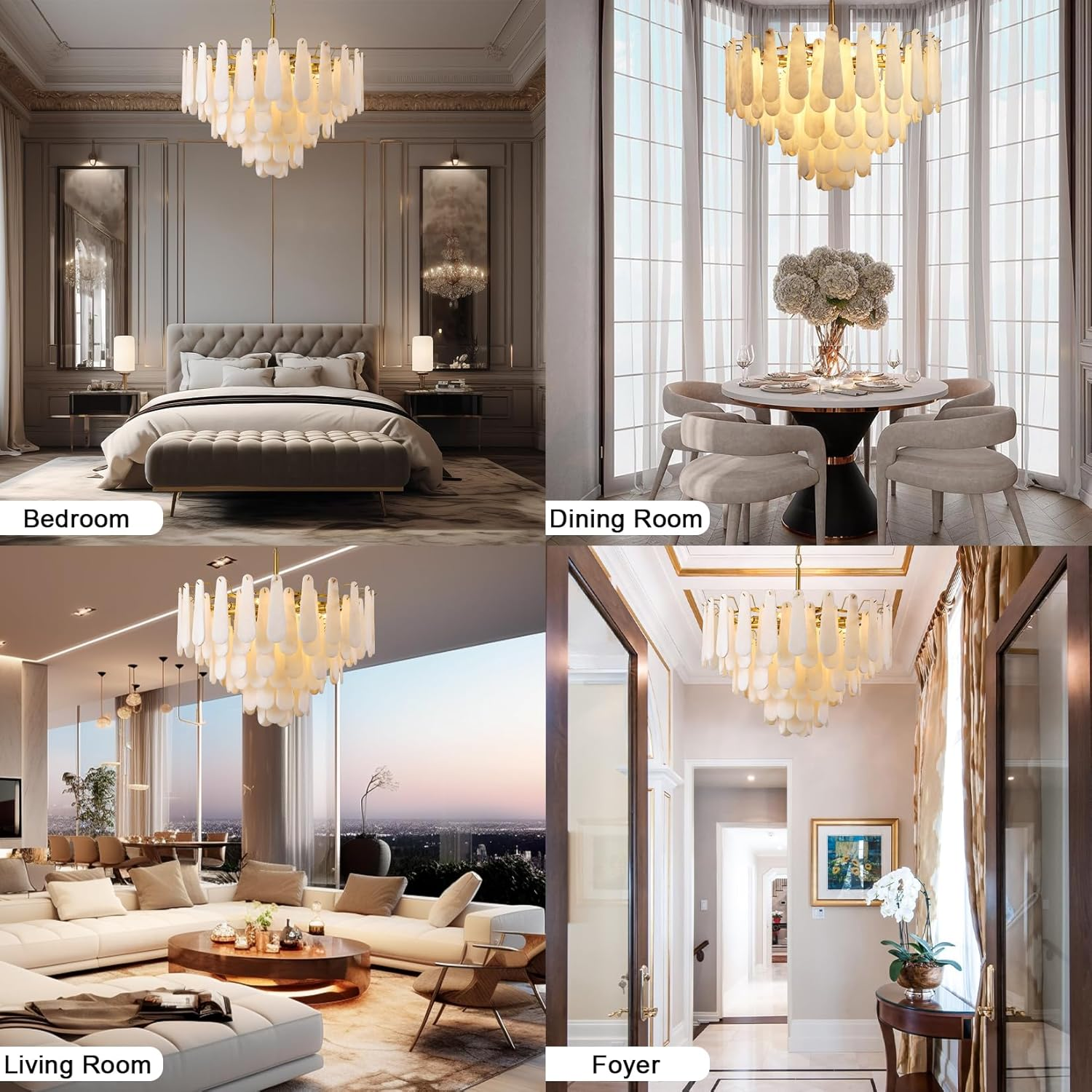 Alabaster Chandelier, D31.5 in Modern Feathery Round Chandelier, 6-Tiers Luxury Large White Marble Brass Chandeliers for Dining Room Bedroom Foyer Living Room Entryway