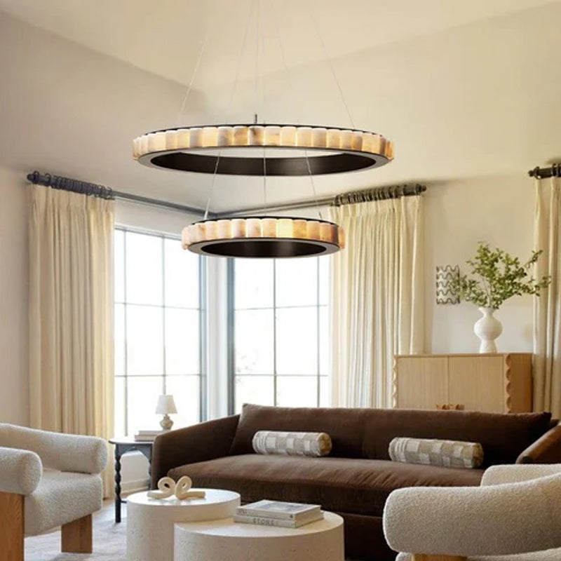 Triple Ring Alabaster Long Cord Chandelier Wide 22" 33" 49" | Brush Black/Gold Frame