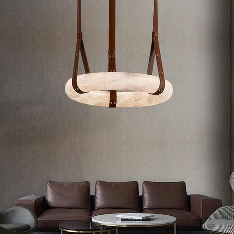 Round LED White Marble Pendant lamp with adjustable leather, Dia 12/16"