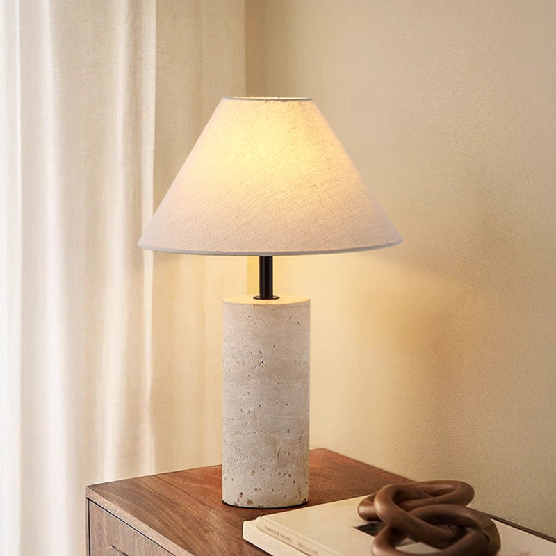 Yellow travertine table lamp with white lampshade