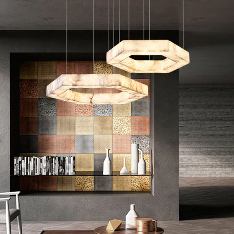 Hexagon Marble Pendant Lamp with adjustable cord & stepless dimming,23“31.5”Dia