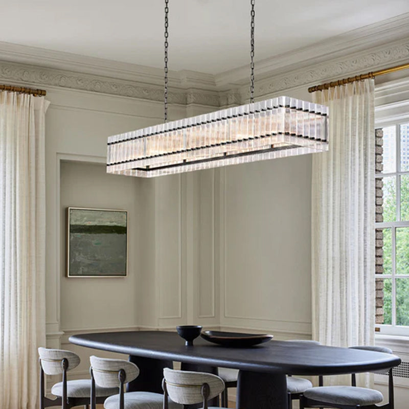 San Marco Rectangular Ribbed Glass Chandelier 40" 60" 72" in Antiqued Brass/Black Steel