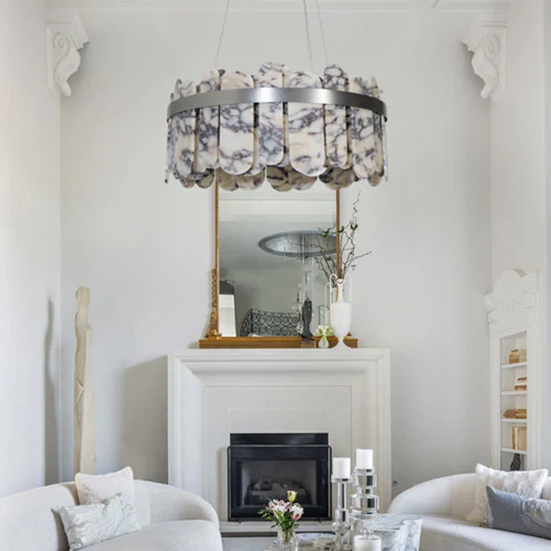 Modern LED Marble Round Chandelier 24" 32" Brushed Gold/Silver/Black Circle Frame