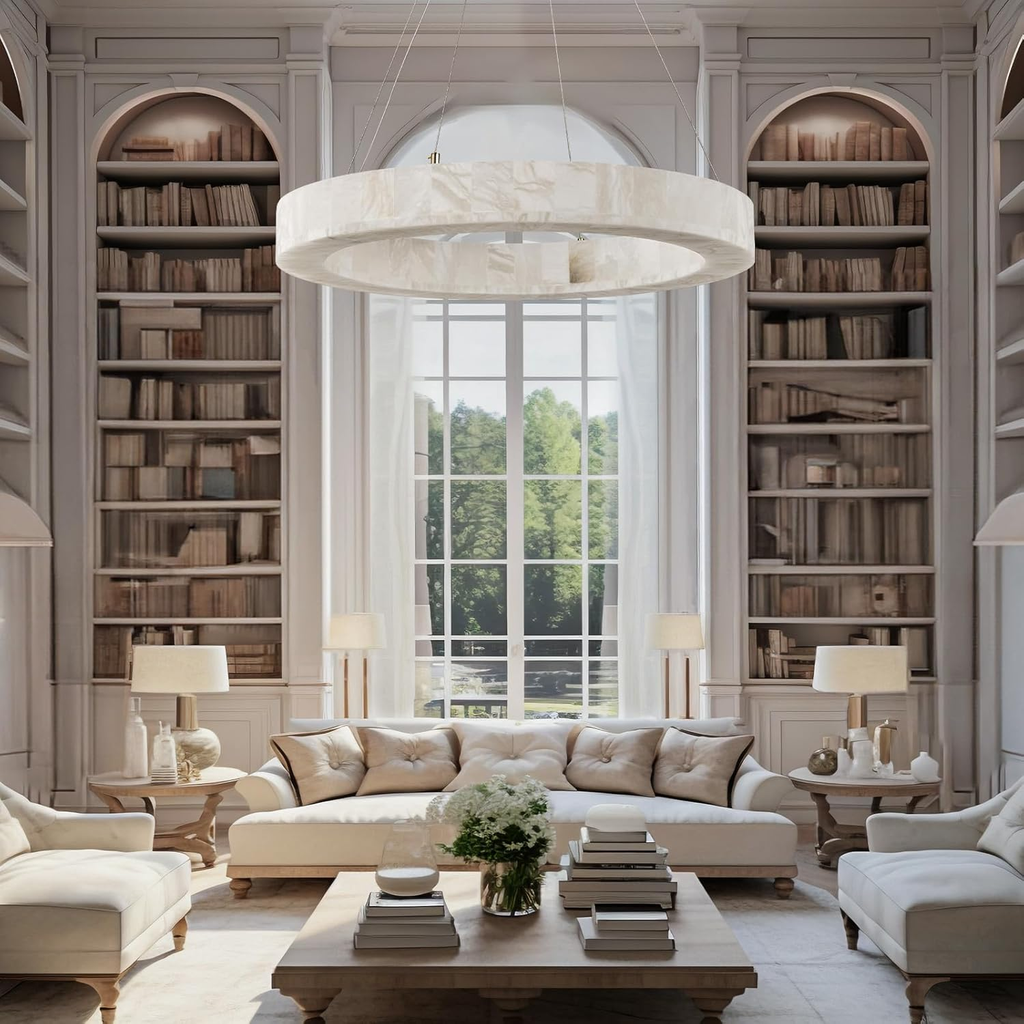 Alabaster Round Chandelier, D30in Modern Marble Dining Room Chandeliers, White Foyer Chandelier for Dining Room Light Fixture, Living Room, Bedroom Lights, Foyer, Kitchen