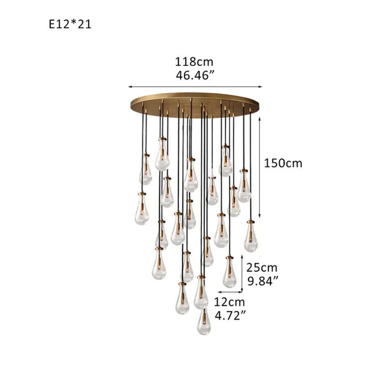 Vintage Brass Rainfall Crystal Round Chandelier 13 lights Cluster Pendant Lighting Brass 21 Heads
