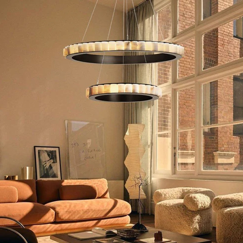 Triple Ring Alabaster Long Cord Chandelier Wide 22" 33" 49" | Brush Black/Gold Frame