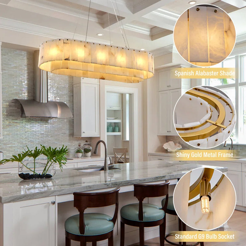 Alabaster Rectangular Chandelier for Dining Room, L39in Modern Chandeliers, Adjustable Marble Pendant Light Fixture, Rectangle Chandelier for Dining Table Living Room Kitchen Island (Bulbs INCL)