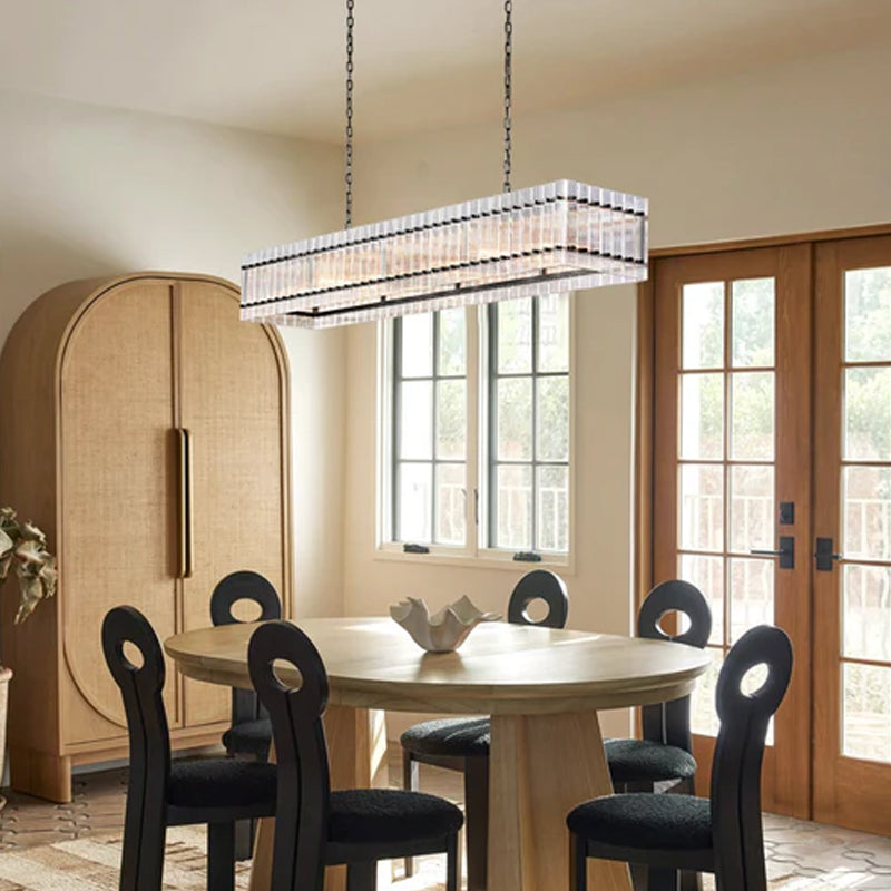 San Marco Rectangular Ribbed Glass Chandelier 40" 60" 72" in Antiqued Brass/Black Steel