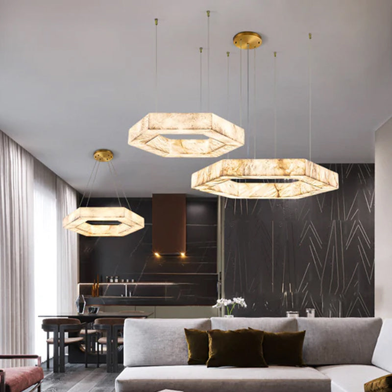 Hexagon Marble Pendant Lamp with adjustable cord & stepless dimming,23“31.5”Dia