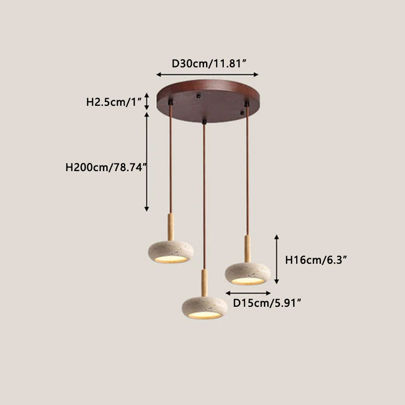 Natural Yellow Travertine Chandelier Walnut wood color 3 Heads Round