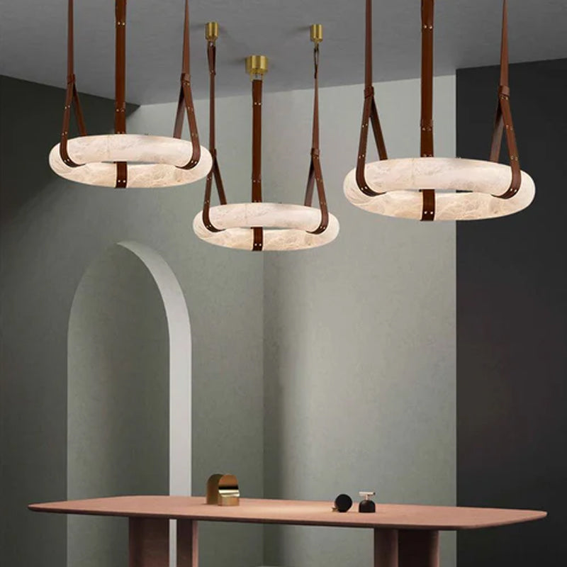 Round LED White Marble Pendant lamp with adjustable leather, Dia 12/16"