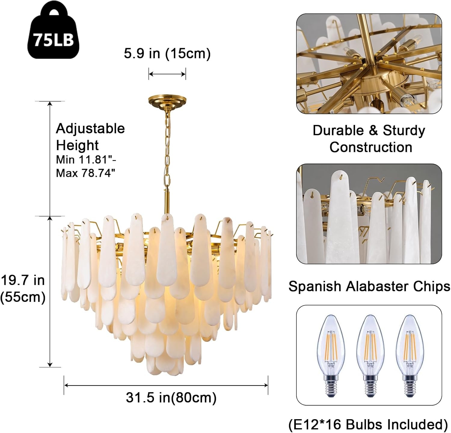 Alabaster Chandelier, D31.5 in Modern Feathery Round Chandelier, 6-Tiers Luxury Large White Marble Brass Chandeliers for Dining Room Bedroom Foyer Living Room Entryway