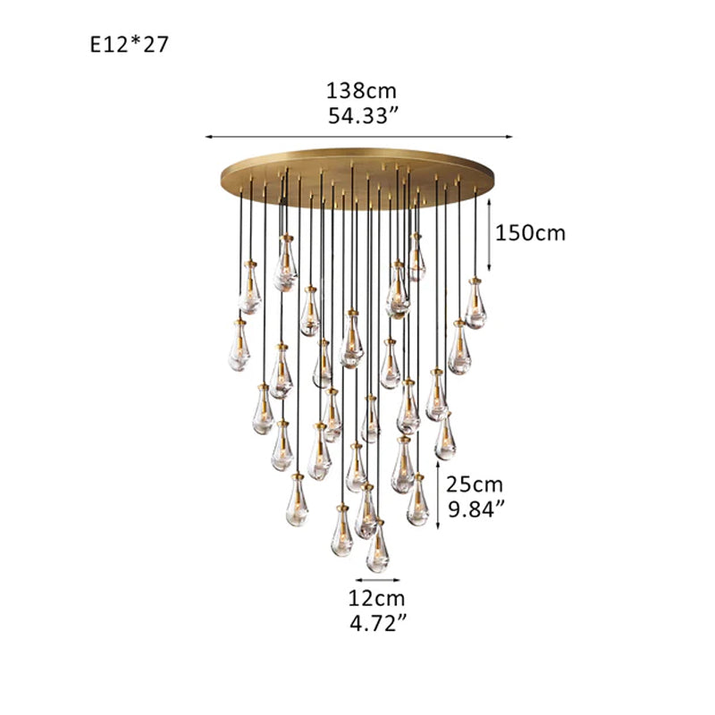 Vintage Brass Rainfall Crystal Round Chandelier 13 lights Cluster Pendant Lighting