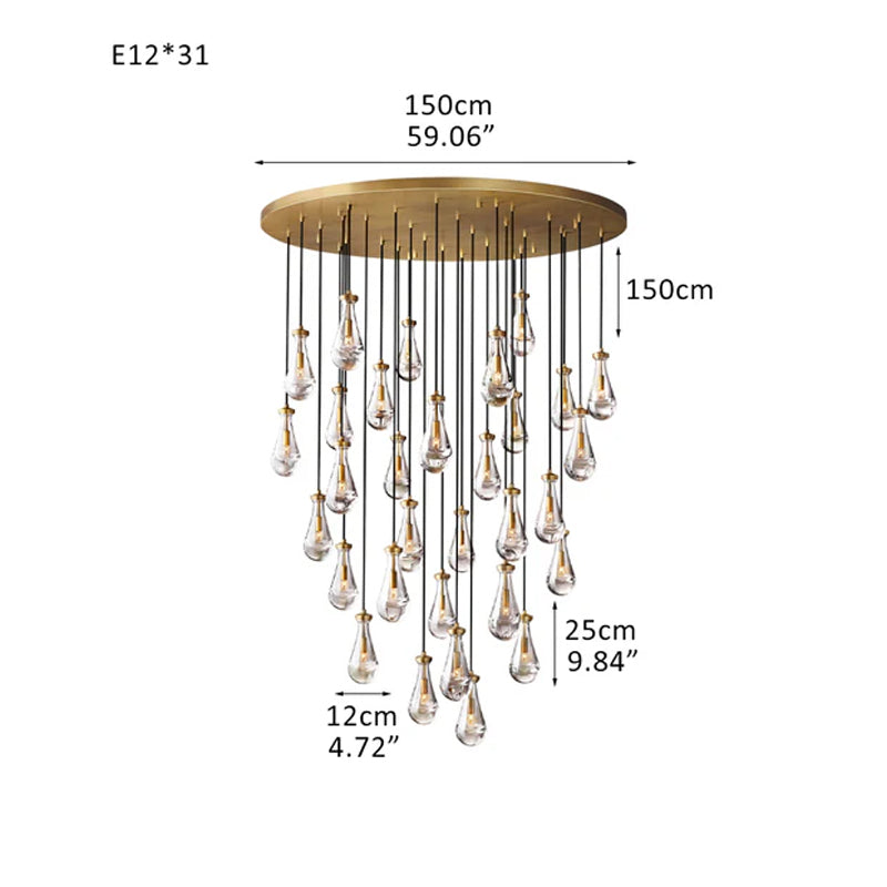 Vintage Brass Rainfall Crystal Round Chandelier 13 lights Cluster Pendant Lighting Brass 31 Heads
