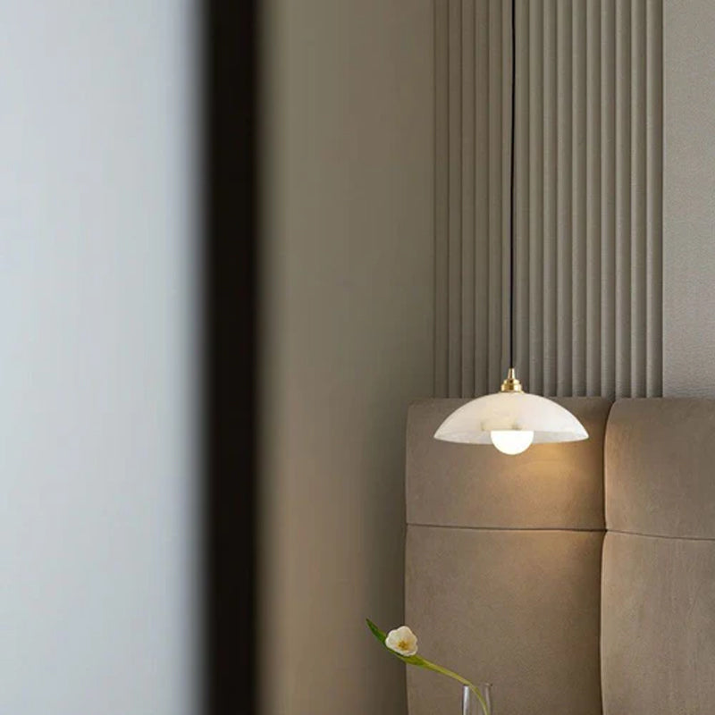 Alabaster Dome Pendant Light, Hanging Light 12'' Dia in Brass for Living Room