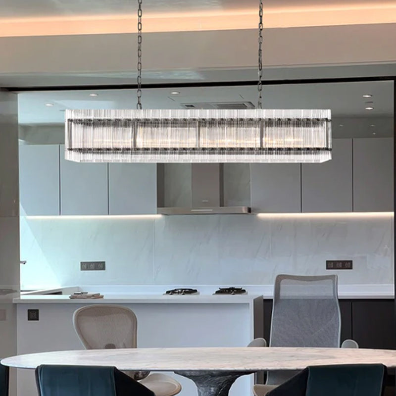 San Marco Rectangular Ribbed Glass Chandelier 40" 60" 72" in Antiqued Brass/Black Steel