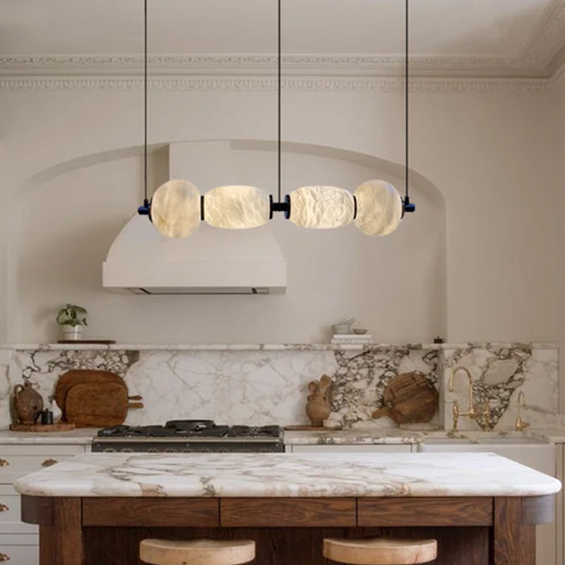 6-light Antique Brass String Hanging Light with Alabaster Stone Shade