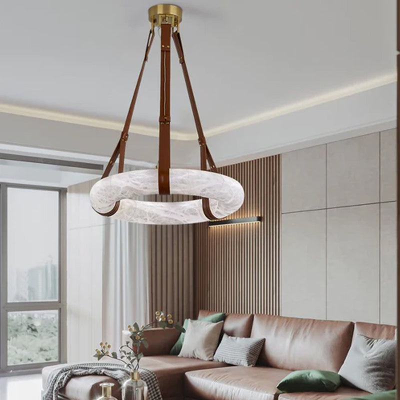 Round LED White Marble Pendant lamp with adjustable leather, Dia 12/16"
