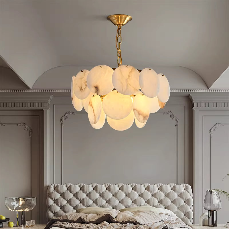 Alabaster Multi-Layer Brass Chandelier Gold 2 Layers Dia 45 cm x H 35 cm ∅ 17.72″ x H 13.78″