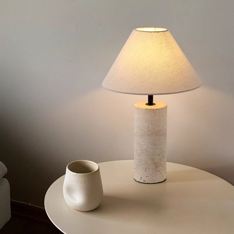 Yellow travertine table lamp with white lampshade