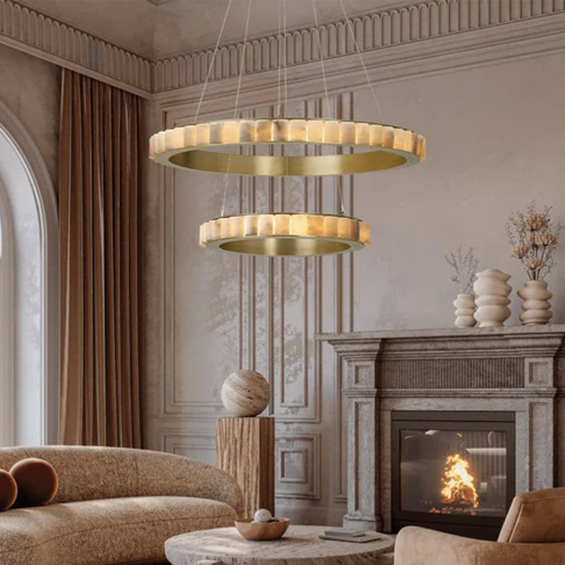 Triple Ring Alabaster Long Cord Chandelier Wide 22" 33" 49" | Brush Black/Gold Frame