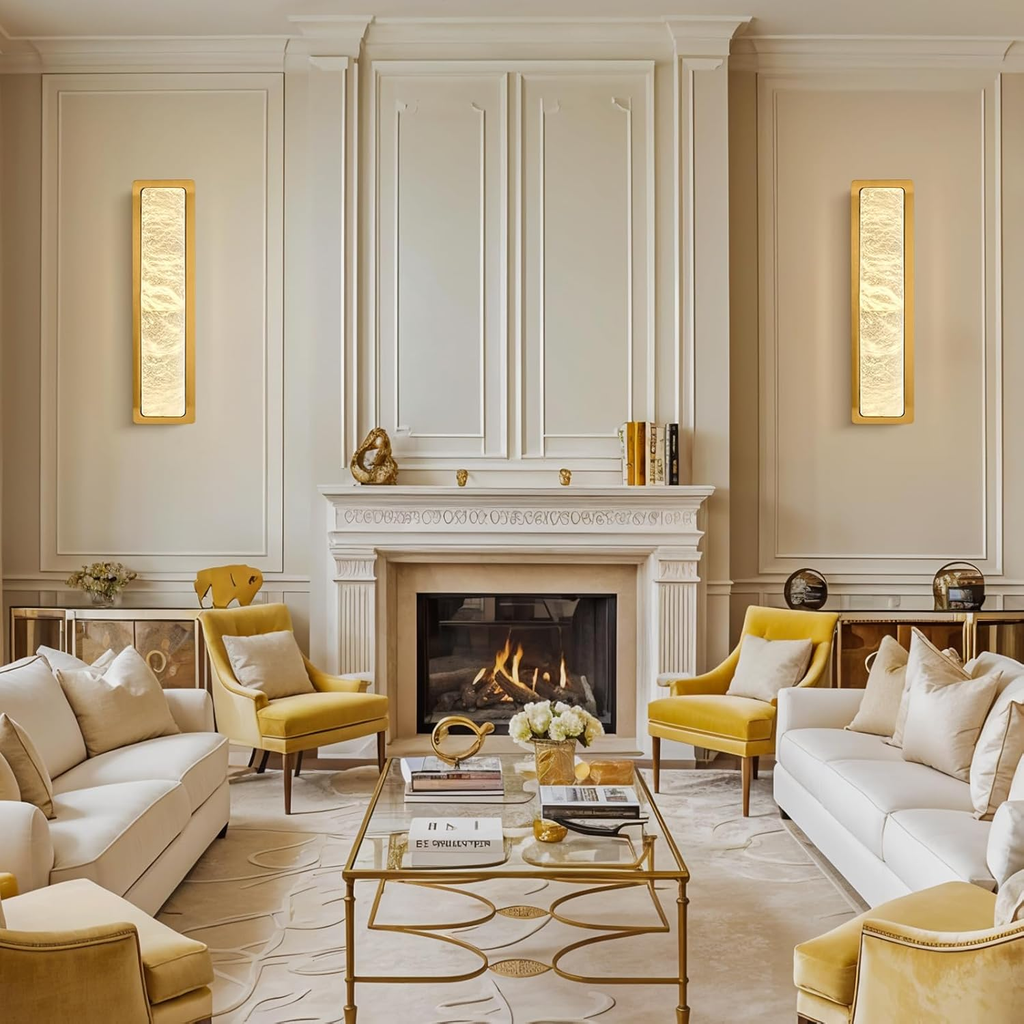 19.7" Brass Alabaster Wall Sconces, Natural Wall Sconce Set of Two, Gold Marble Sconce, Large Rectangular Bedside Wall Lamp Perfect for Hallway, Living Room, Stairs, Dining Room, Bedroom