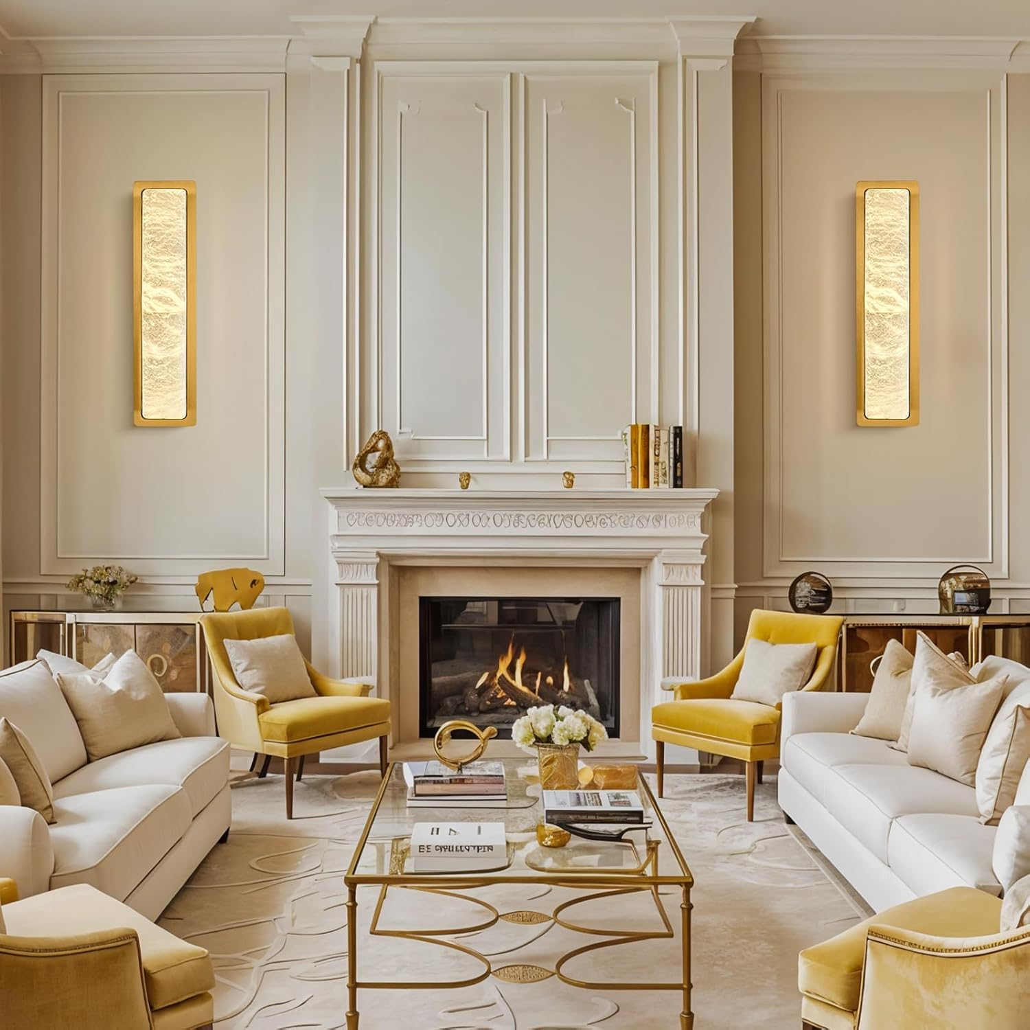 19.7" Brass Alabaster Wall Sconces, Natural Wall Sconce Set of Two, Gold Marble Sconce, Large Rectangular Bedside Wall Lamp Perfect for Hallway, Living Room, Stairs, Dining Room, Bedroom