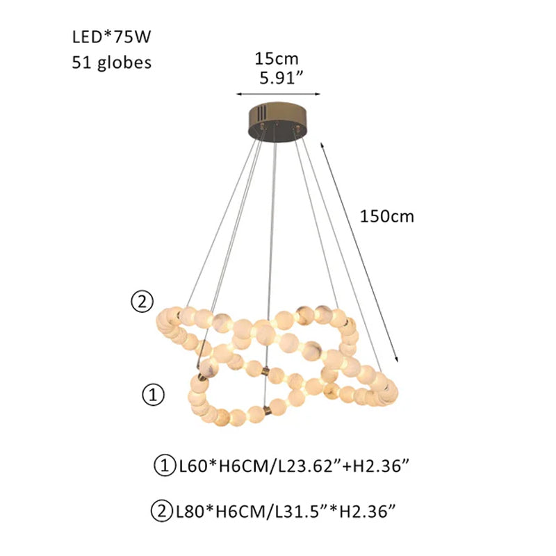 Pearl Alabaster Necklace Round Chandelier 20in 24in 31in 40in | Single Ring Brass D23.62"+D31.5"