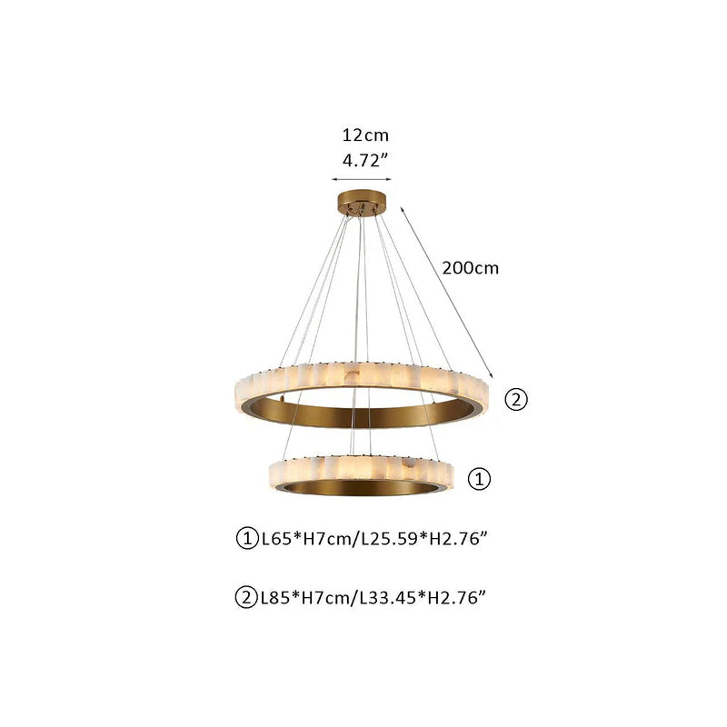 Triple Ring Alabaster Long Cord Chandelier Wide 22" 33" 49" | Brush Black/Gold Frame