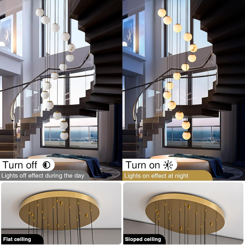 Gold Alabaster Chandelier,14-Lights Staircase Chandelier for Entryway, Modern Marble Hanging Light Fixture, Hight Ceiling, Foyer, Living Room, Staircase, Entry