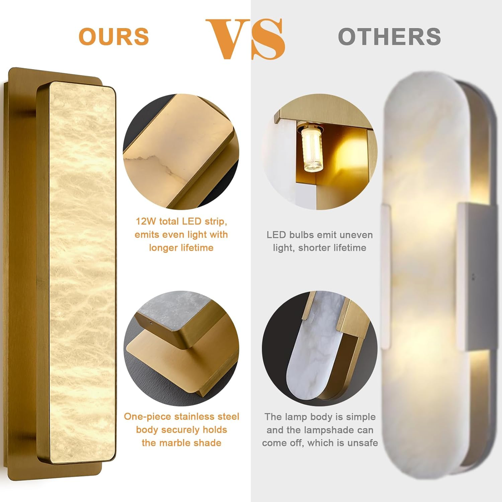 19.7" Brass Alabaster Wall Sconces, Natural Wall Sconce Set of Two, Gold Marble Sconce, Large Rectangular Bedside Wall Lamp Perfect for Hallway, Living Room, Stairs, Dining Room, Bedroom