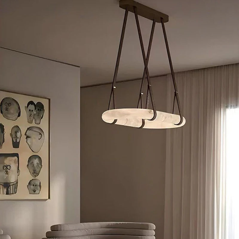 Oval Alabaster LED Large Pendant lamp with adjustable leather, Dia 16/24"