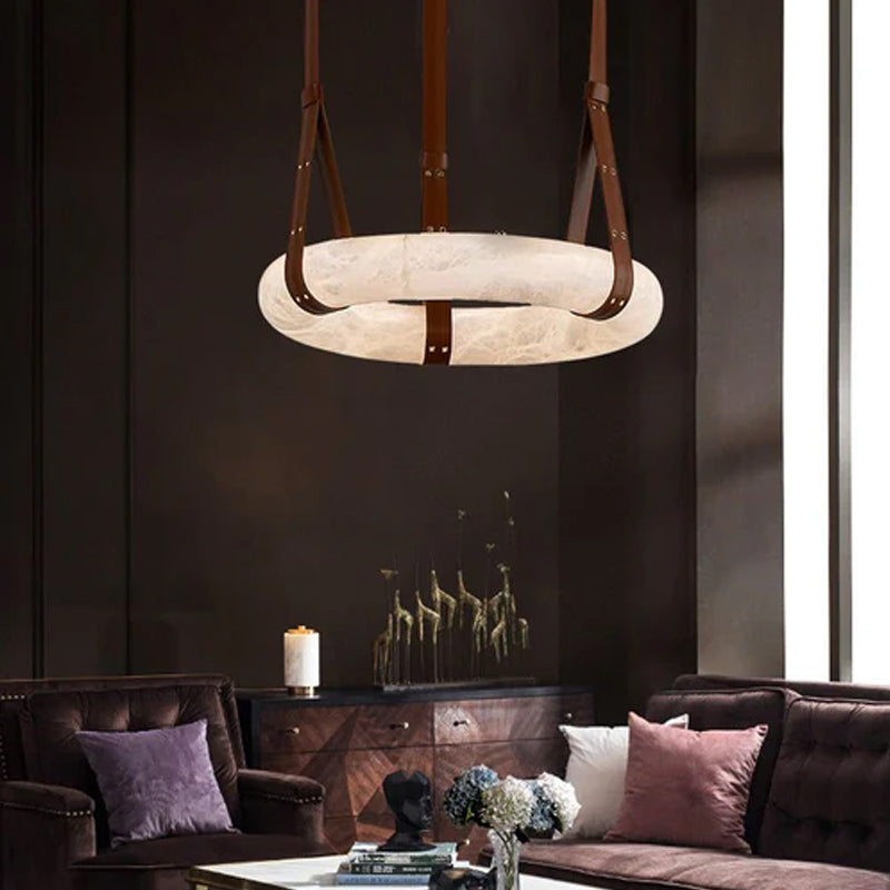 Round LED White Marble Pendant lamp with adjustable leather, Dia 12/16"