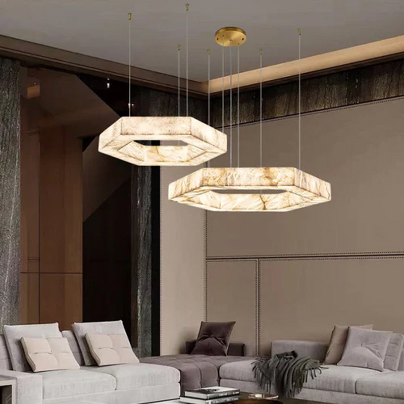 Hexagon Marble Pendant Lamp with adjustable cord & stepless dimming,23“31.5”Dia