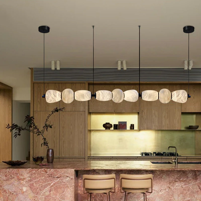 6-light Antique Brass String Hanging Light with Alabaster Stone Shade