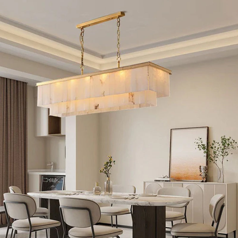 2 Tier Alabaster Rectangle Long Chandelier lamp 120CM in brass for dining room