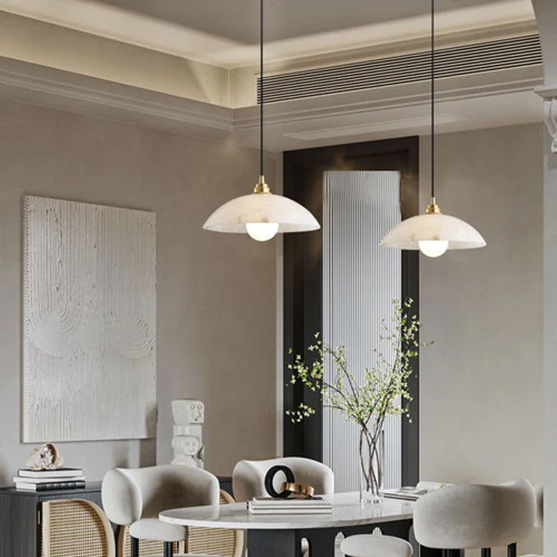 Alabaster Dome Pendant Light, Hanging Light 12'' Dia in Brass for Living Room