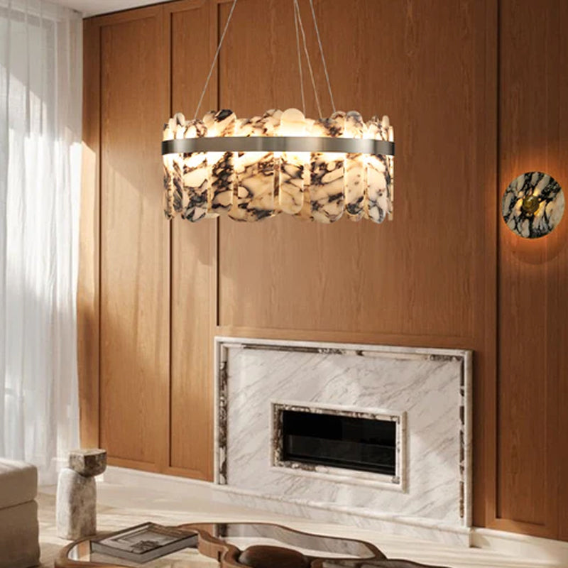 Modern LED Marble Round Chandelier 24" 32" Brushed Gold/Silver/Black Circle Frame