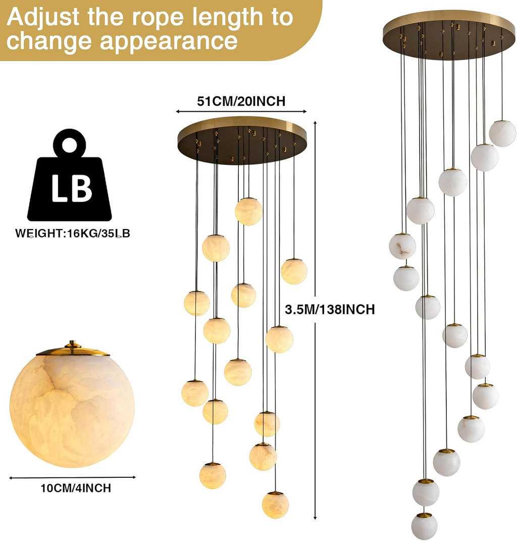 Gold Alabaster Chandelier,14-Lights Staircase Chandelier for Entryway, Modern Marble Hanging Light Fixture, Hight Ceiling, Foyer, Living Room, Staircase, Entry