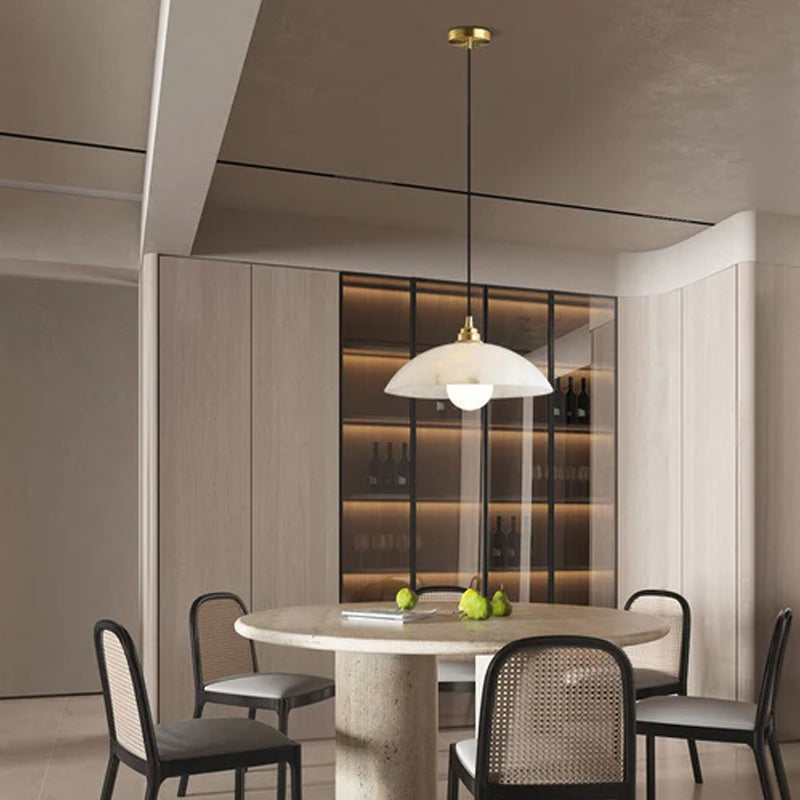 Alabaster Dome Pendant Light, Hanging Light 12'' Dia in Brass for Living Room