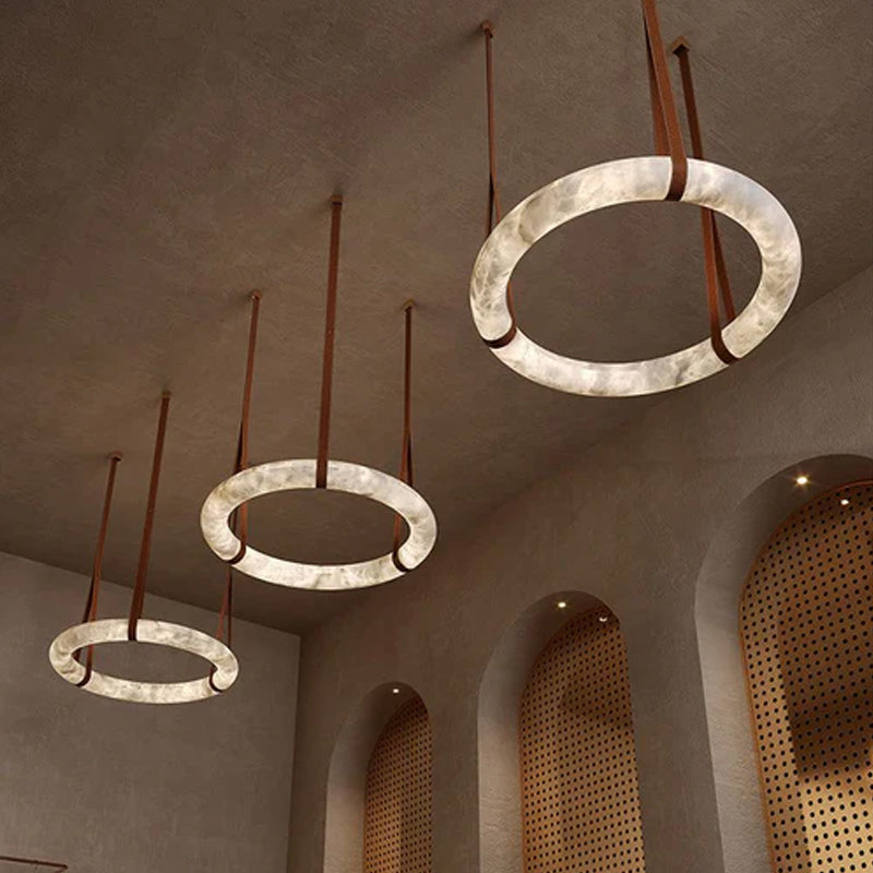 Round LED White Marble Pendant lamp with adjustable leather, Dia 12/16"