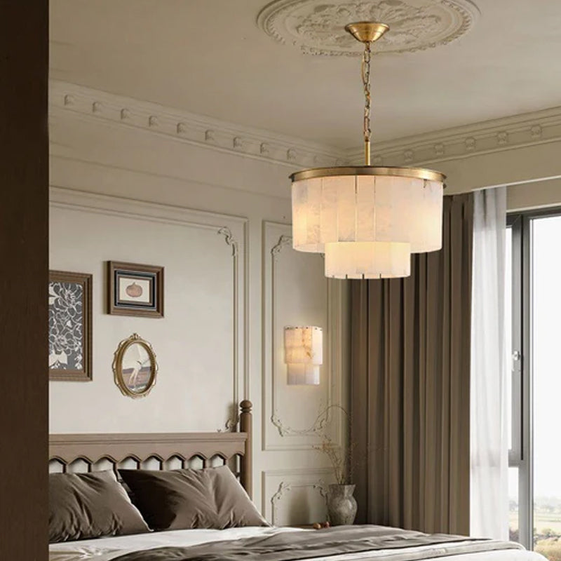 2 Tier Alabaster Chandelier lamp 120CM in brass for dining room