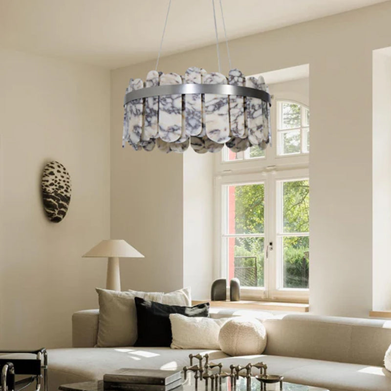 Modern LED Marble Round Chandelier 24" 32" Brushed Gold/Silver/Black Circle Frame