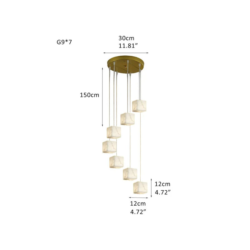 1/6/9/12/18/36-light G9 Alabaster Cluster Ceiling Pendant Lamp with Square Cube Design Brass 7 Heads