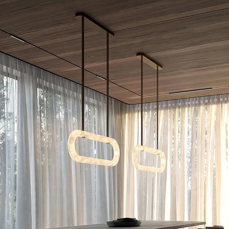 Oval Alabaster LED Large Pendant lamp with adjustable leather, Dia 16/24"