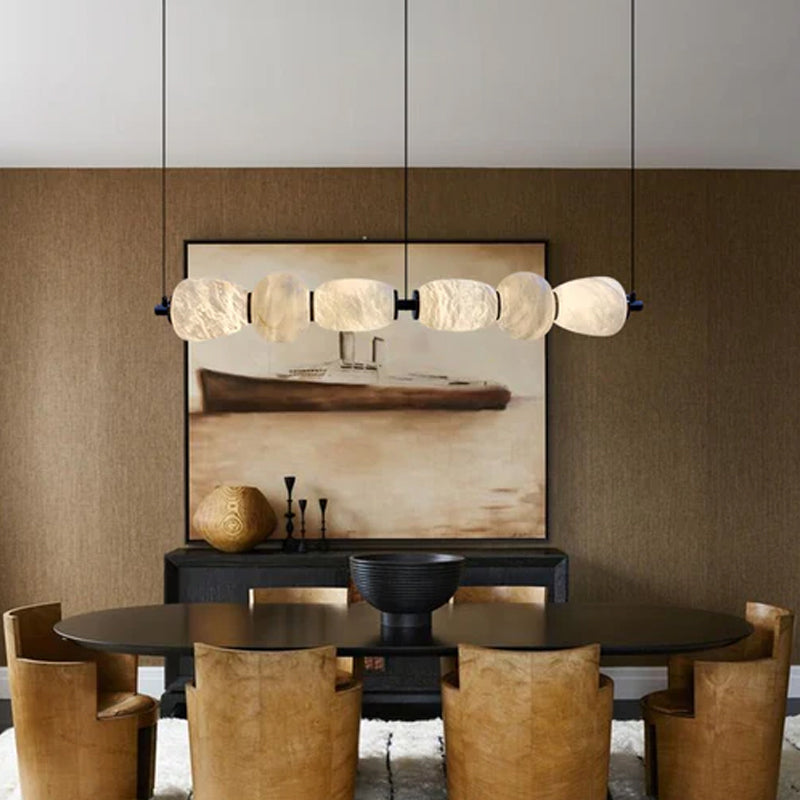 6-light Antique Brass String Hanging Light with Alabaster Stone Shade