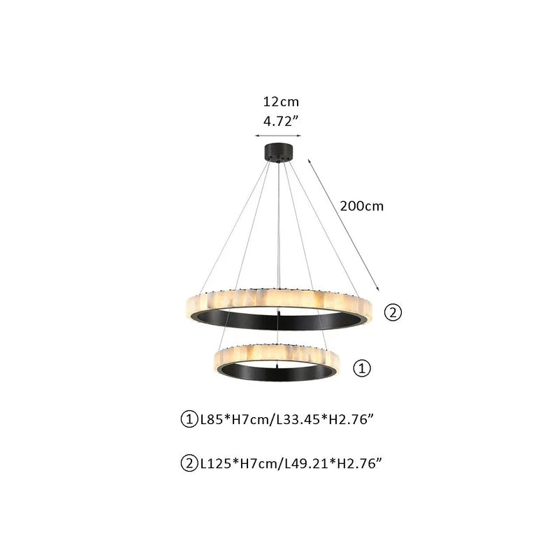 Triple Ring Alabaster Long Cord Chandelier Wide 22" 33" 49" | Brush Black/Gold Frame